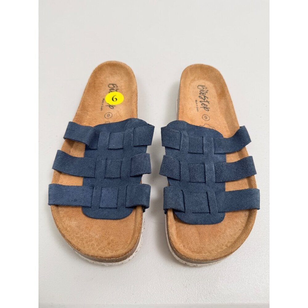 Biostep Slide Sandals Blue Suede Leather Womens Size 9 Cork Footbed